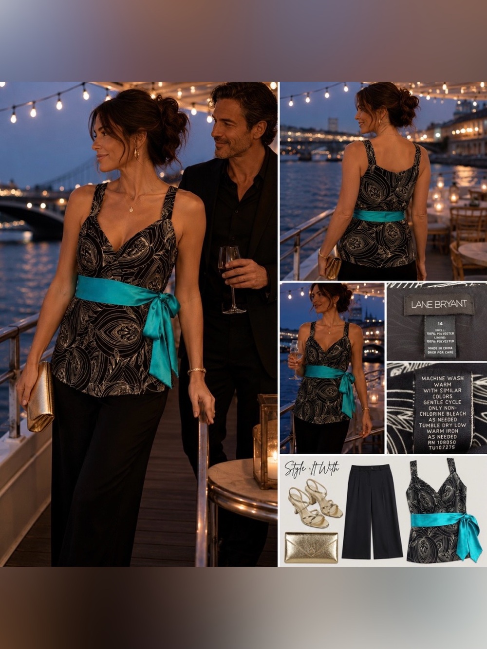 🩵 Lane Bryant Black & Turquoise Sash Tank | Evening Chic | Size 14